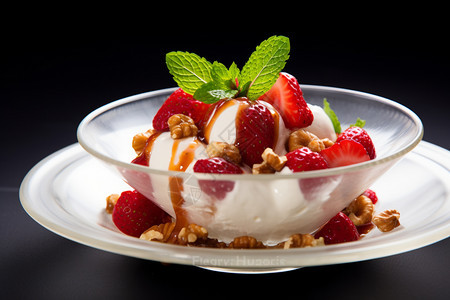 玻璃碗中的草莓冰淇淋图片