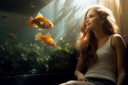 鱼缸面前的美丽女性图片