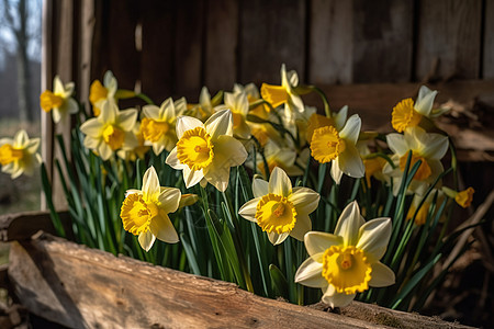 木栏中盛开的黄水仙花图片