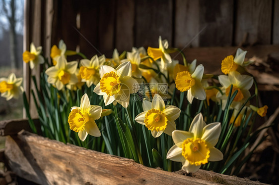木栏中盛开的黄水仙花图片