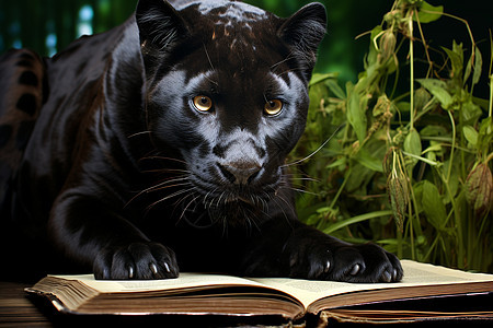 书籍上匍匐的黑豹图片