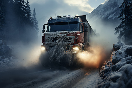 雪地道路上的大货车背景图片