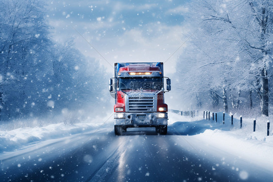 雪中道路上行驶的卡车图片