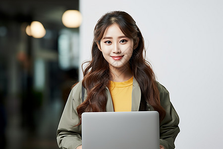 电脑前笑容甜美的女子背景图片