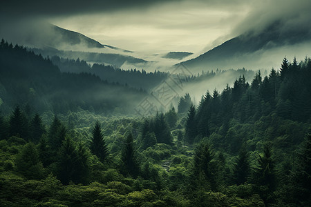 夏季迷雾笼罩的森林景观图片