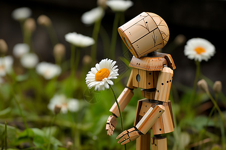木质机器人手中的野花图片