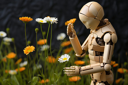 花丛中的木质机器人图片