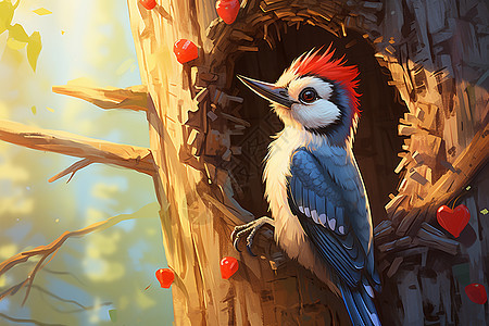 树上的啄木鸟插画图片