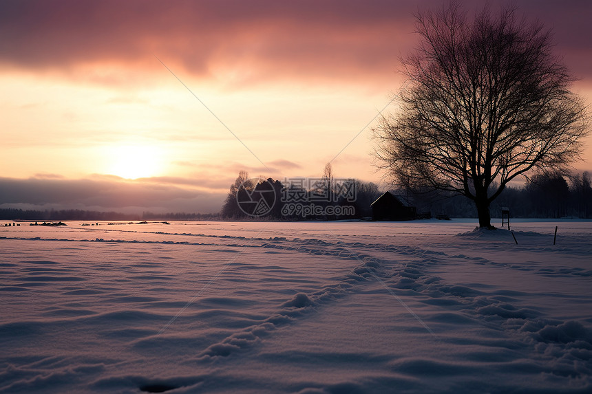 夕阳下的雪景图片