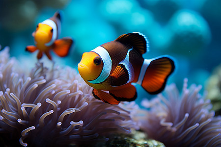 海洋中的小丑鱼和珊瑚群图片