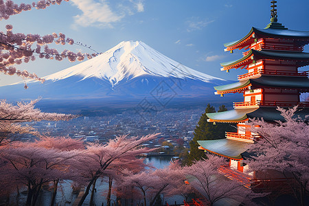 樱花绽放于富士山下图片