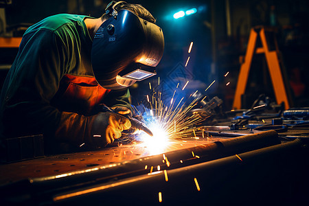 工业金属生产车间的焊接工人背景图片