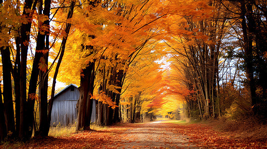 秋日红叶中的乡村风景图片