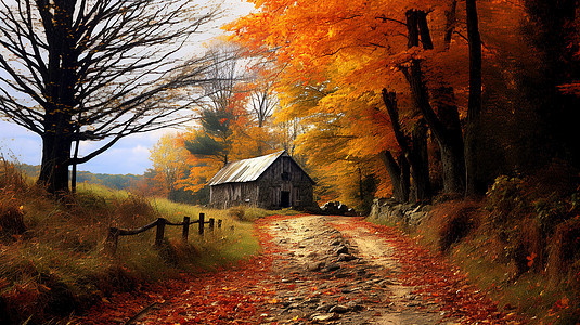秋叶泛红的乡村小径图片