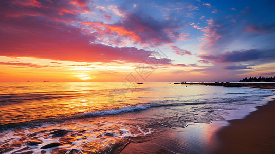 黄昏然乌湖迷人的海岸晚霞景观背景