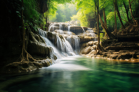 夏季林间流淌的瀑布景观图片