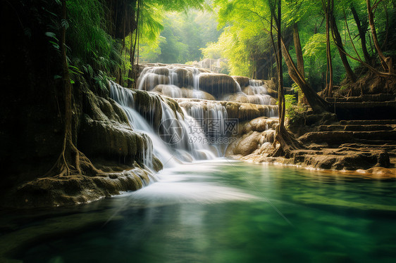 夏季林间流淌的瀑布景观图片