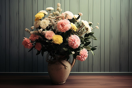 复古花瓶中美丽的花束图片