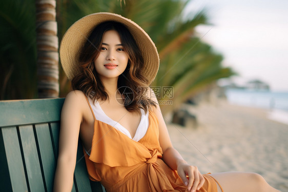 沙滩上戴草帽的女子图片