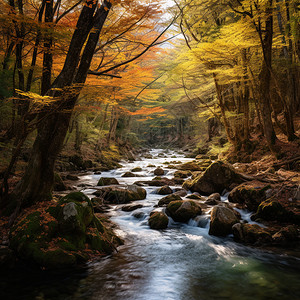 金黄色树林中的溪流图片