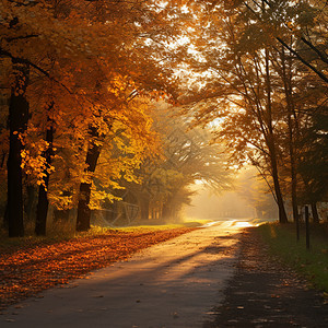 秋季清晨的林间小路图片