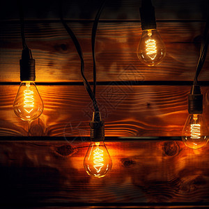 木板墙前的发光的灯泡图片