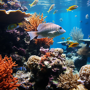 海底珊瑚旁觅食的鱼类背景图片
