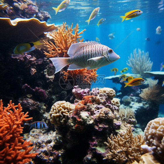 海底珊瑚旁觅食的鱼类图片