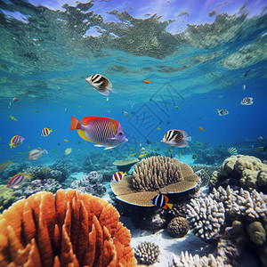 海底珊瑚旁的鱼群背景图片
