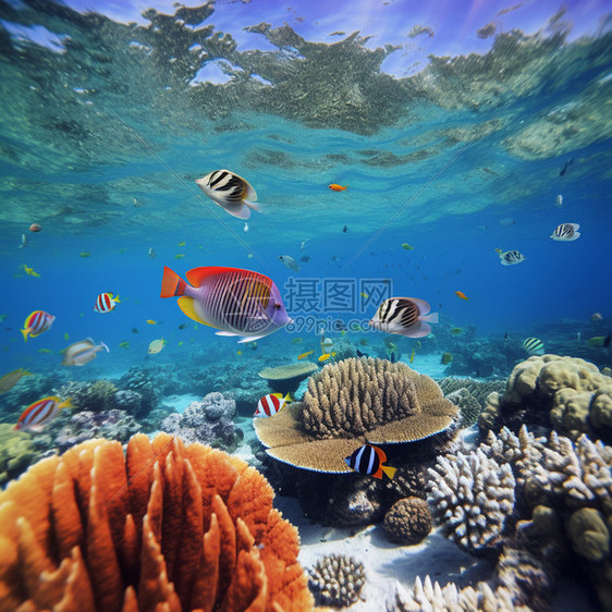 海底珊瑚旁的鱼群图片