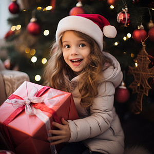 圣诞树旁拆礼物的小女孩图片