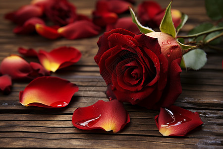 雨后木桌上的玫瑰花图片