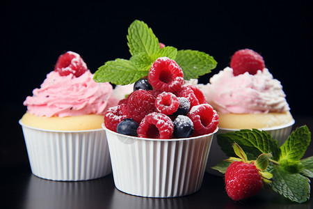 美味的水果奶油杯子蛋糕图片