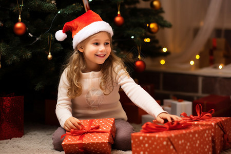 圣诞树下开心的小女孩图片
