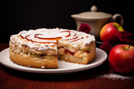 苹果园区餐盘上的苹果蛋糕背景