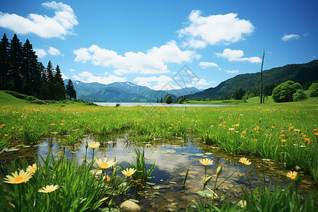 湖畔花海的美丽风景图片