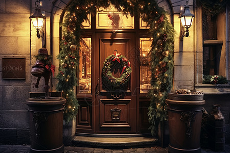 门上的圣诞装饰背景图片