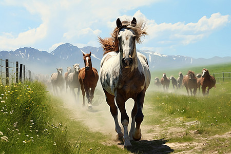 乡村奔跑的马匹图片
