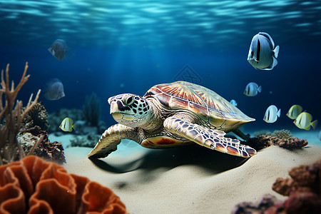 海底珊瑚海底爬行的海龟背景
