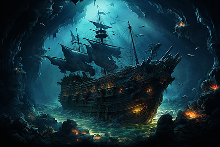 梦幻的海洋沉船背景图片