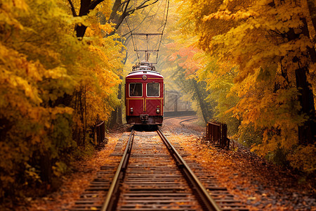火车穿越秋叶森林图片