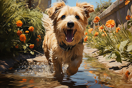 小溪里奔跑的小狗背景图片