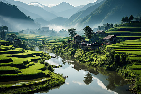 郁郁葱葱的山谷梯田景观图片