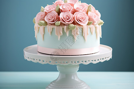 粉色玫瑰点缀的奶油蛋糕图片