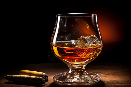 威士忌雪茄桌上的酒和雪茄背景