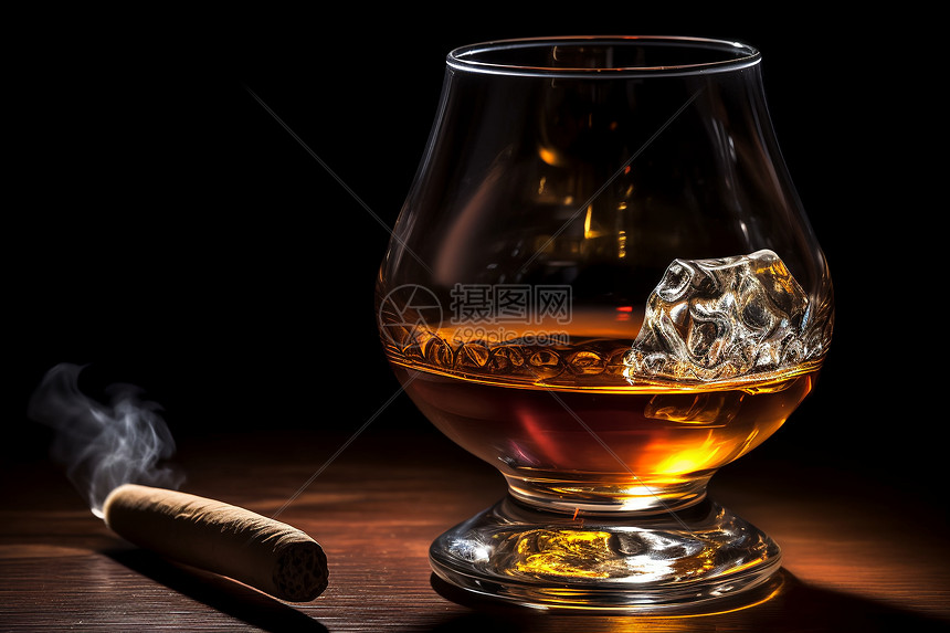 酒杯旁点燃的雪茄图片