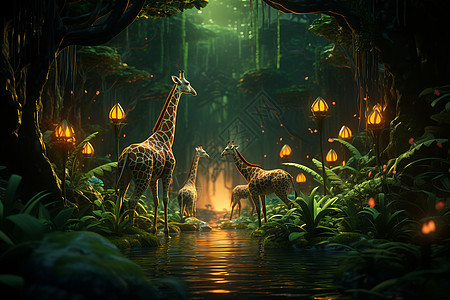 夜晚森林的长颈鹿图片