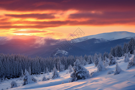 雪松树夕阳下的冬季山林景观背景