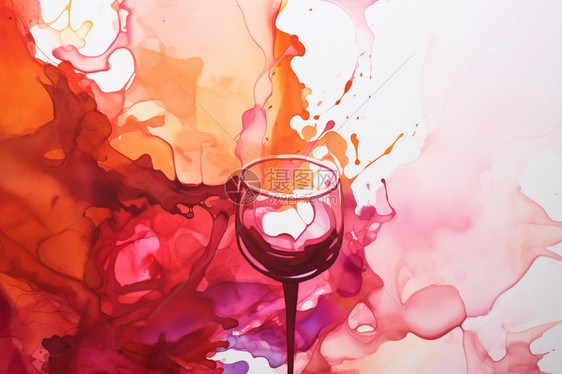 创意飞溅的红酒水彩插图图片