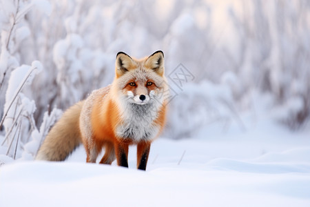 狡猾的冬季雪地中的红狐狸背景